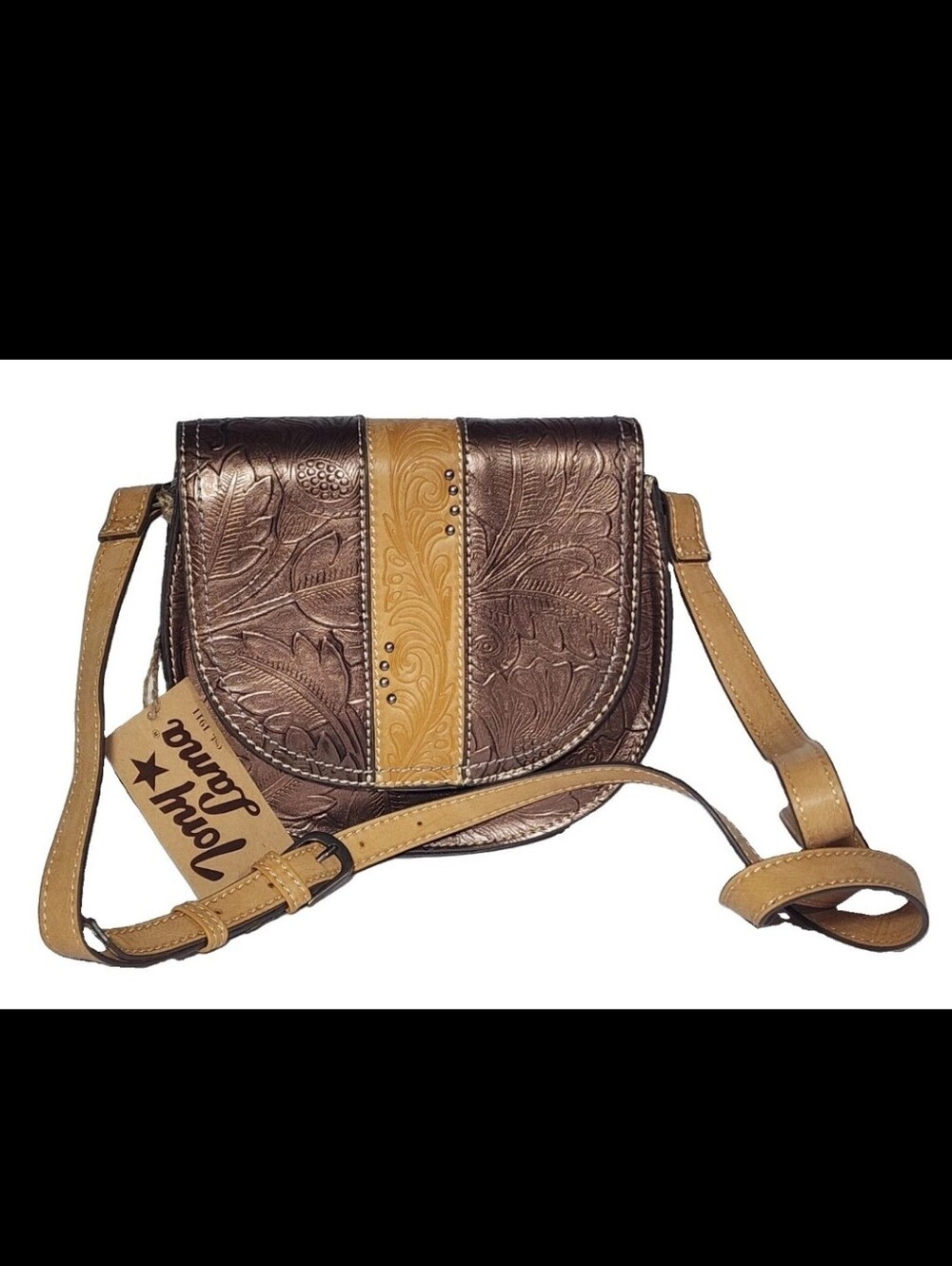 NWT Tony Lama Crossbody Purse Western Tooled 2 Tone Brown Brown Tan Saddle Bag